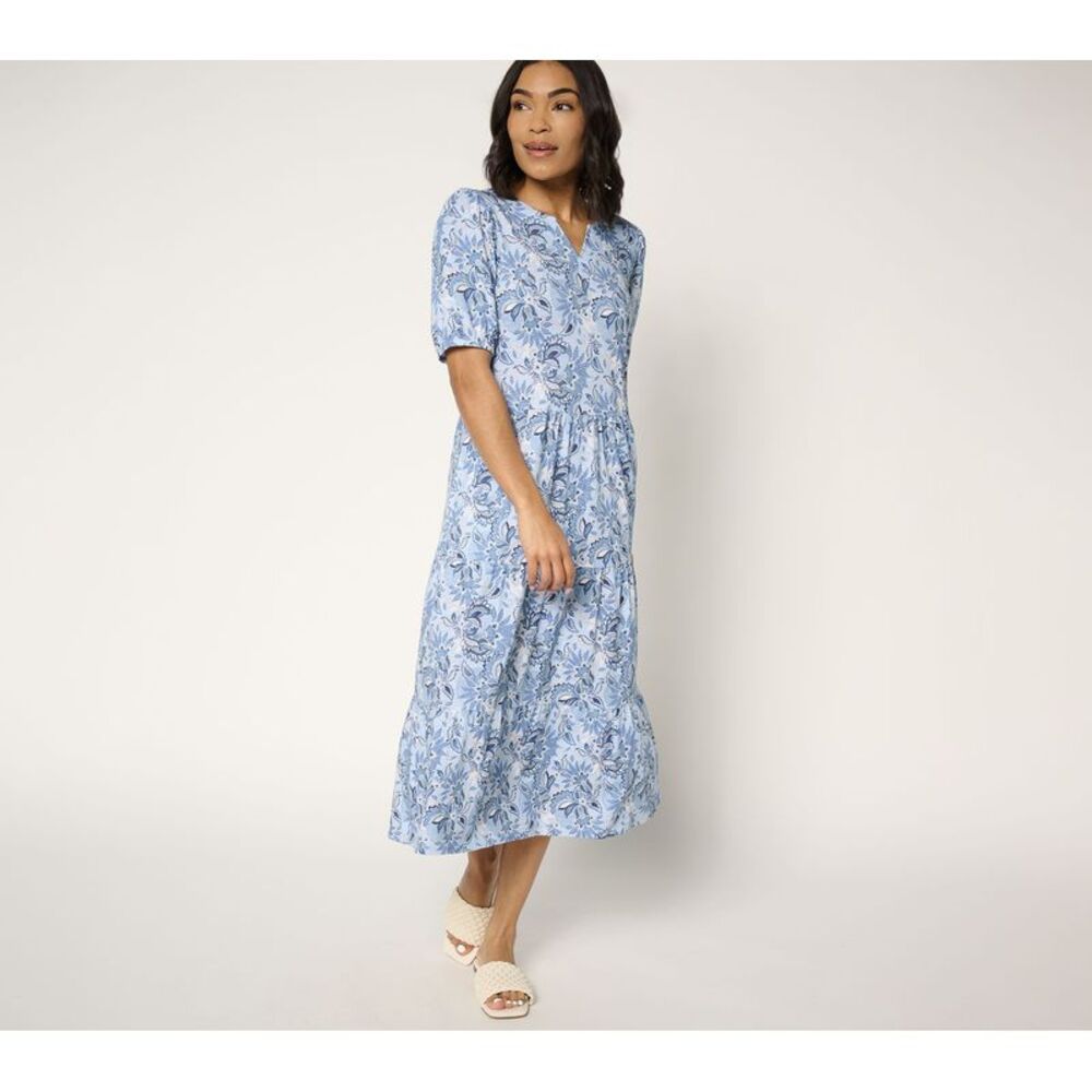 Denim & Co. Women's Dress Sz 2XS (XXS) Linen Blend Puff Sleeve Midi Blue A685019